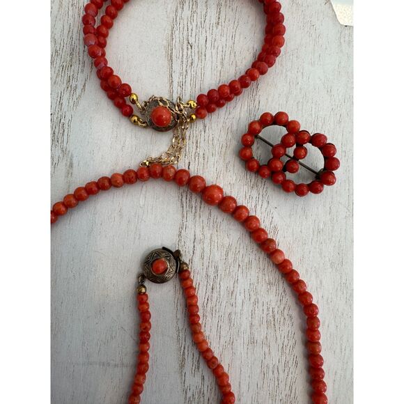 Antique Italian Coral Red Salmon Bead Necklace Bracelet Brooch Pin Circa 1920 - Picture 2 of 8